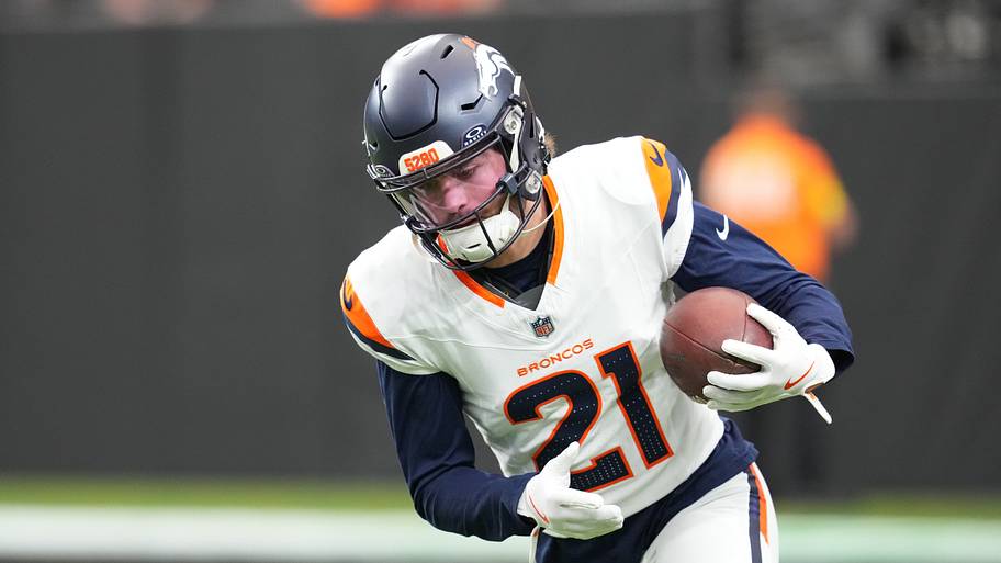 Dec 7, 2025; Paradise, Nevada, USA; Denver Broncos cornerback Riley Moss (21) warms up prior to a game against the Las Vegas