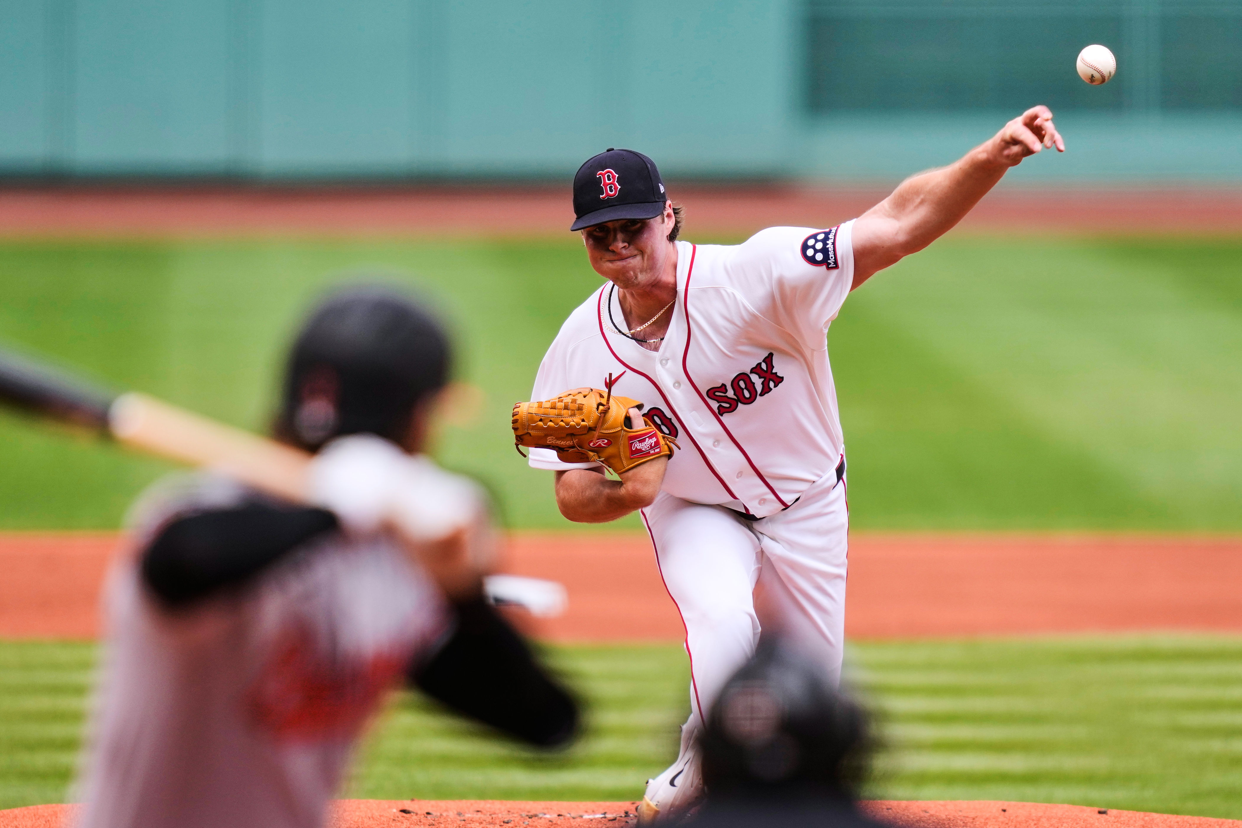 Boston Red Sox starting pitcher Jake Bennett delivers in the first inning during the first baseball game of a doubleheader against the Baltimore Orioles, Wednesday, July 22, 2026, in Boston. (AP Photo/Charles Krupa)