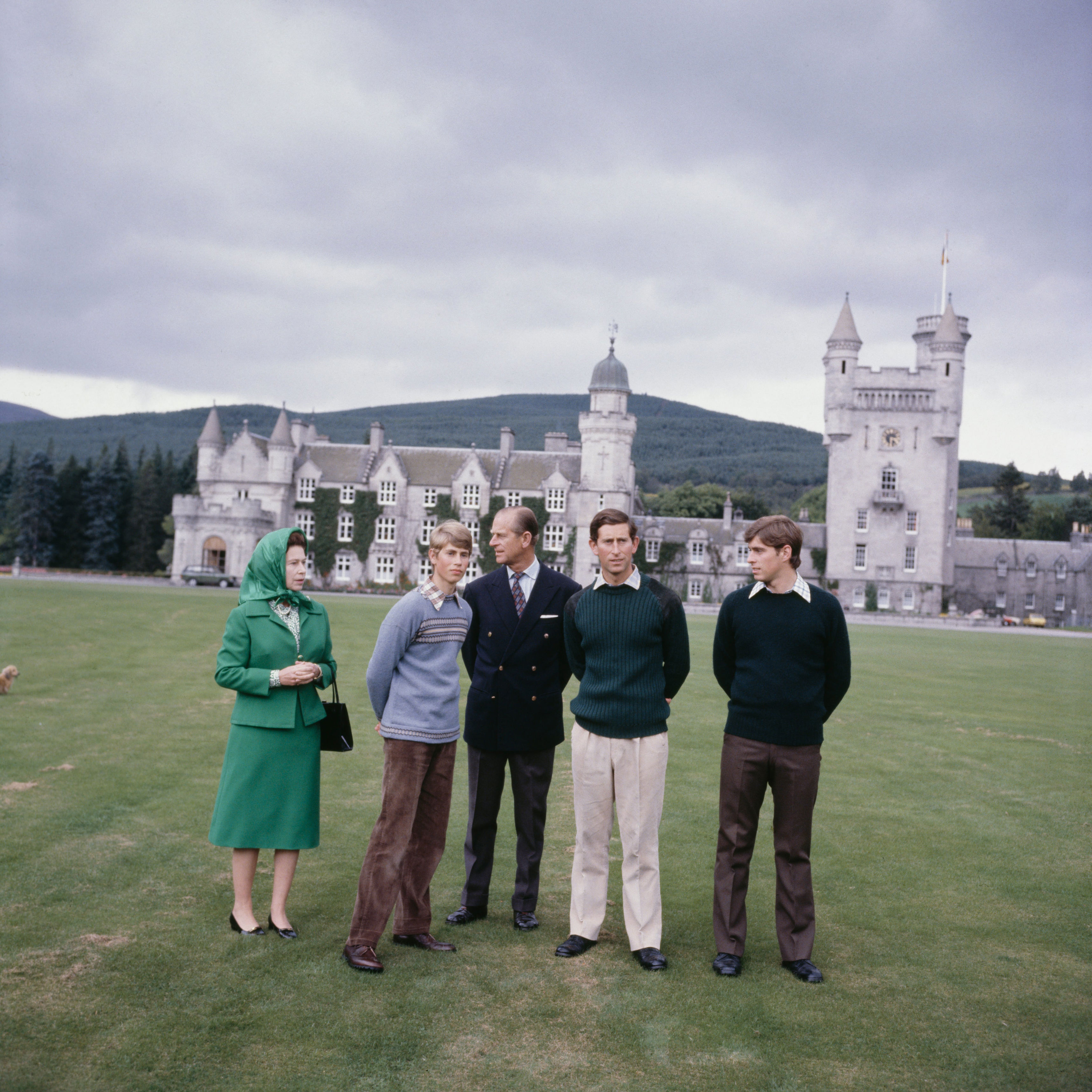 In a portrait taken at Balmoral Castle in Scotland on September 20, 1979, Queen Elizabeth II poses with her husband, Prince Philip, the Duke of Edinburgh, and their three sons: Prince Edward, Prince Charles, and Prince Andrew. / Keystone / Getty Images