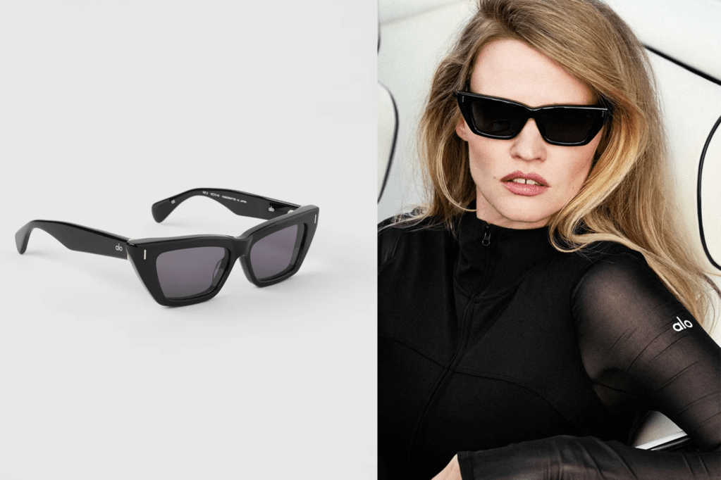 Collage of black Alo sunglasses and a woman wearing them.