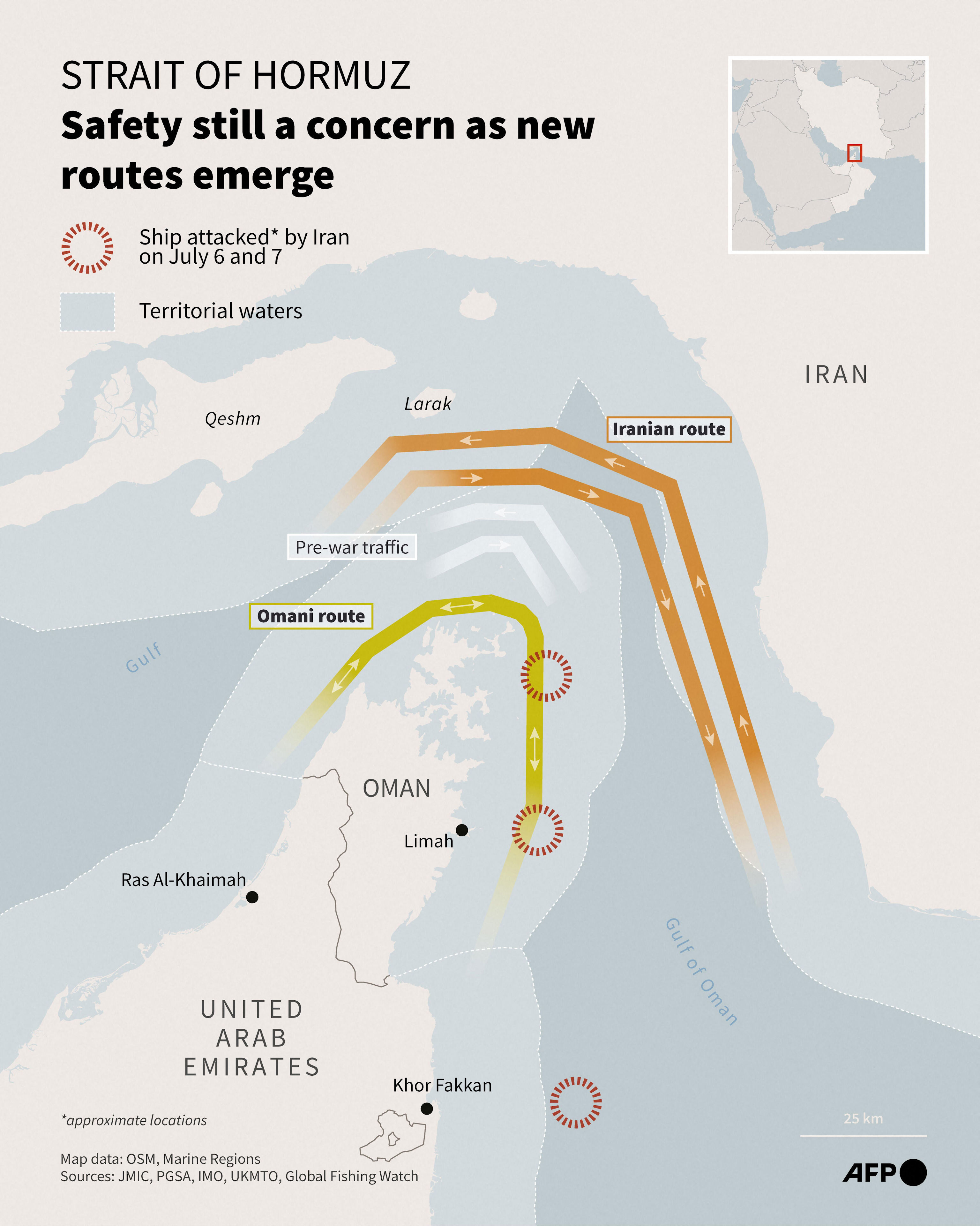 Map of the Strait of Hormuz showing the shipping corridor coordinated by Oman, the Iran-designated corridor, and the location of Iranian attacks on boats on July 6 and 7. / Credit: AFP/Getty