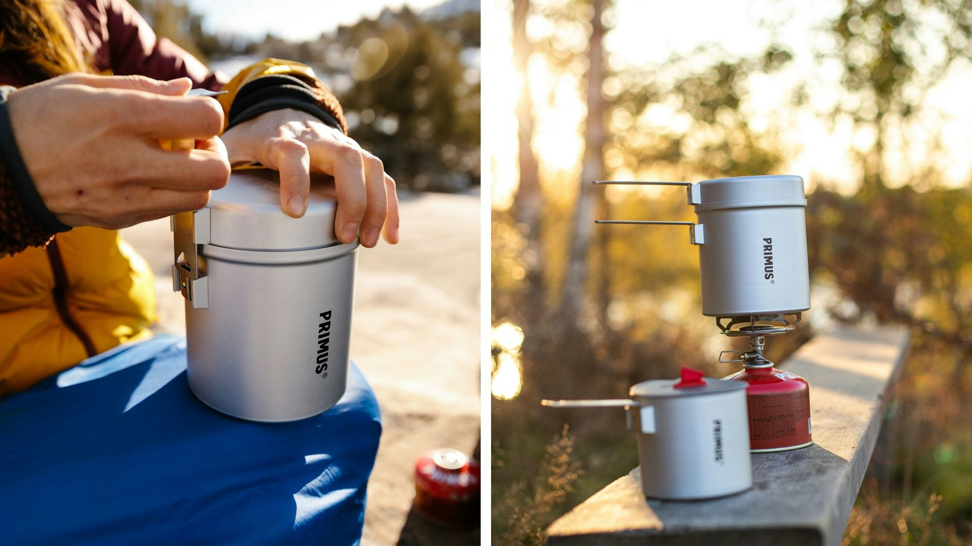 Person using the Primus Essential Trek Pot in a campsite