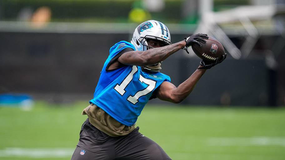 Carolina Panthers wide receiver Xavier Legette (17) reaches for the catch during the first day