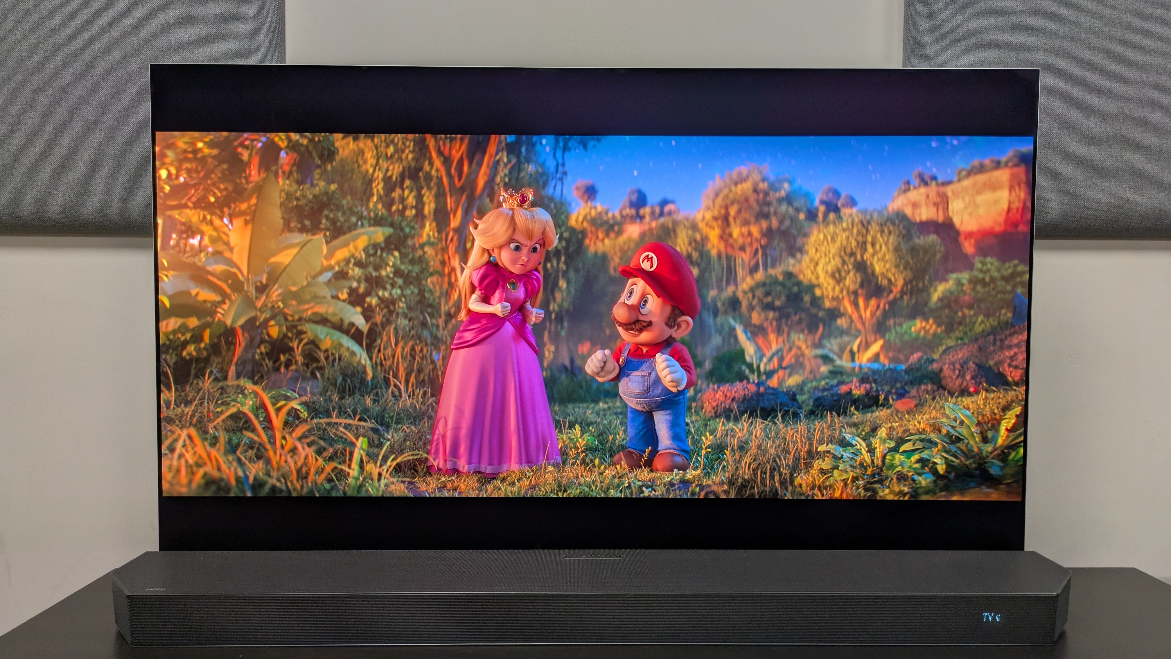 The Super Mario Galaxy Movie 4K Blu-ray on the LG G6 showing Peach and Mario talking, with Peach looking frustrated