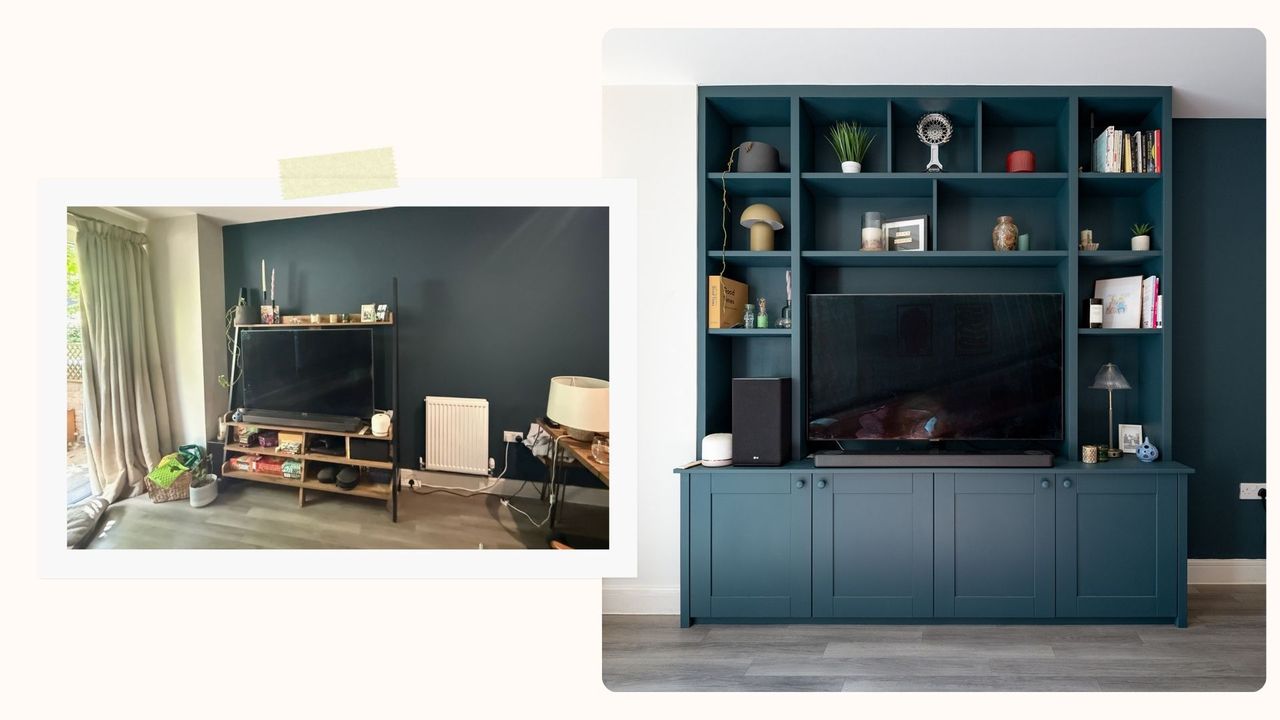 Struggling with living room clutter? This media wall transformation makes storage look expensive and elegant