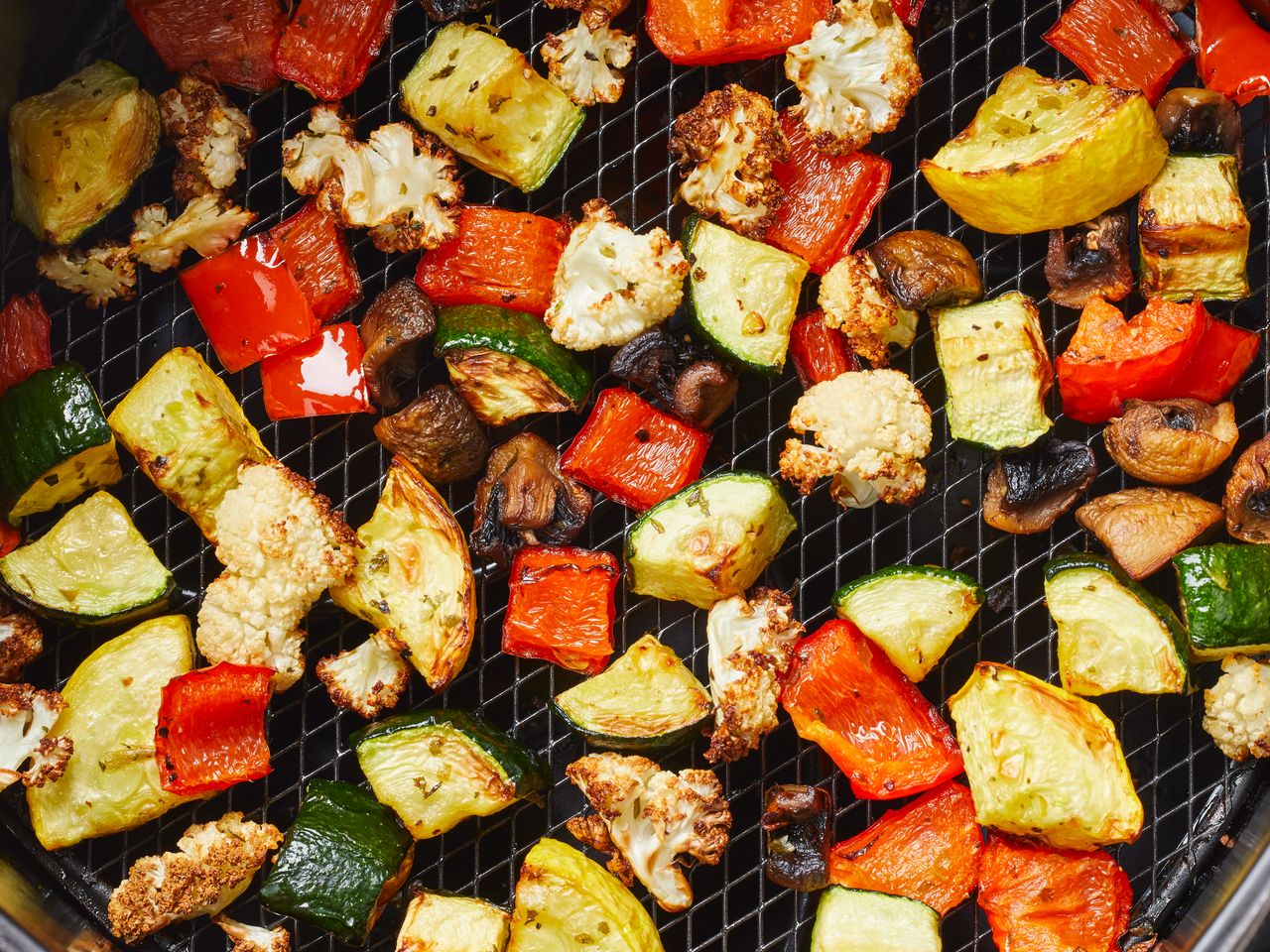 overhead angle looking down at air-fryer roasted vegetables