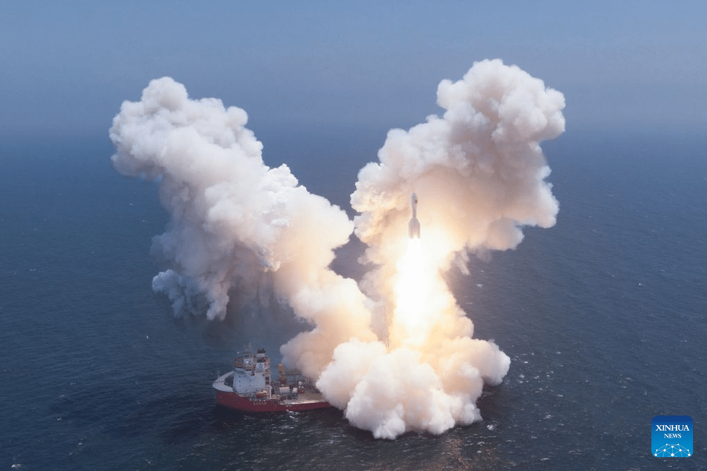 A Gravity-1 carrier rocket carrying nine satellites blasts off from waters off the coast of Shanghai, east China, July 22, 2026. The Taiyuan Satellite Launch Center launched the commercial rocket at 10:54 a.m. (Beijing Time), placing nine satellites into their designated orbits. Credit: Xinhua