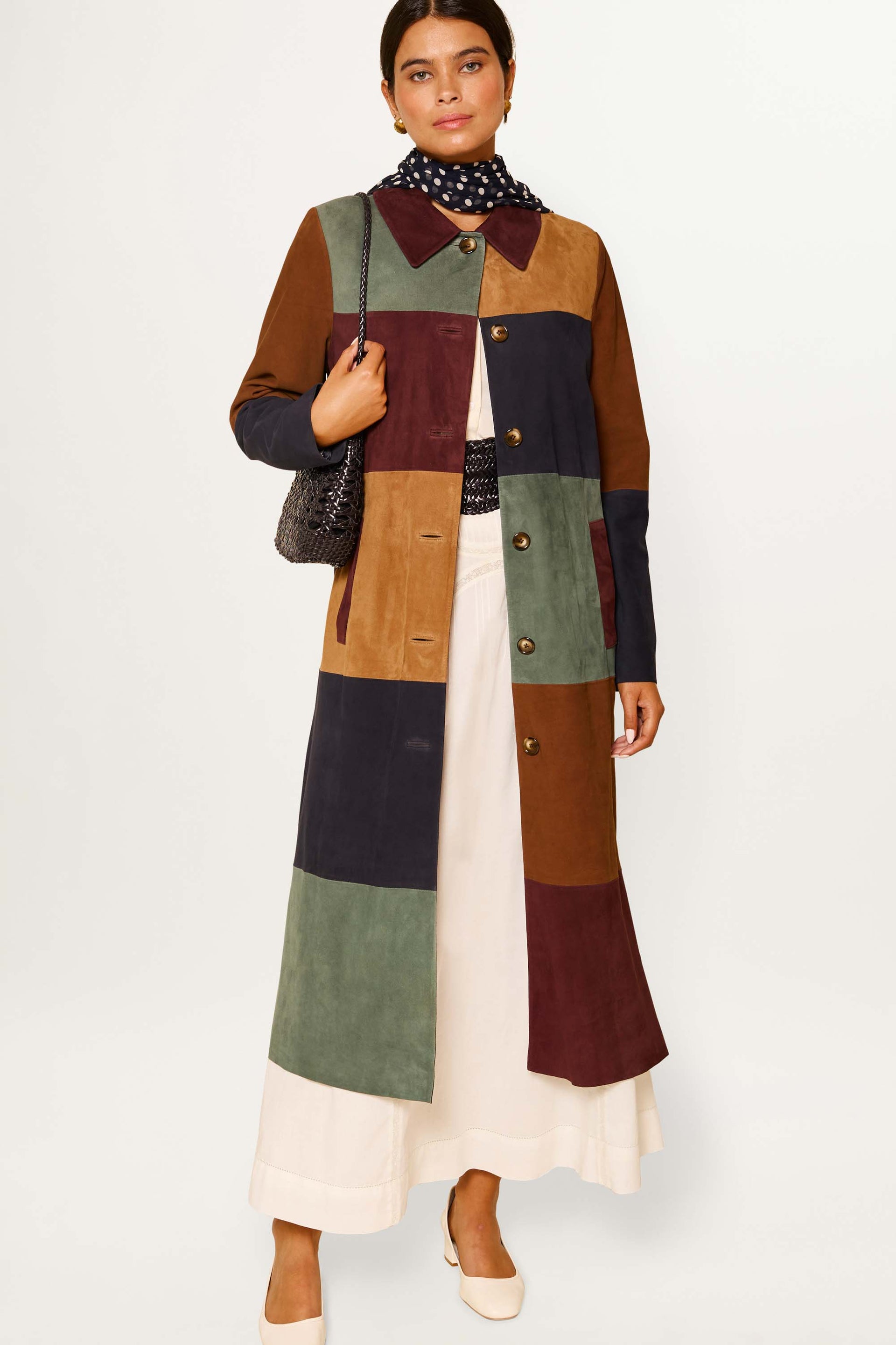 Milly Suede Coat in Brown Patchwork Tan