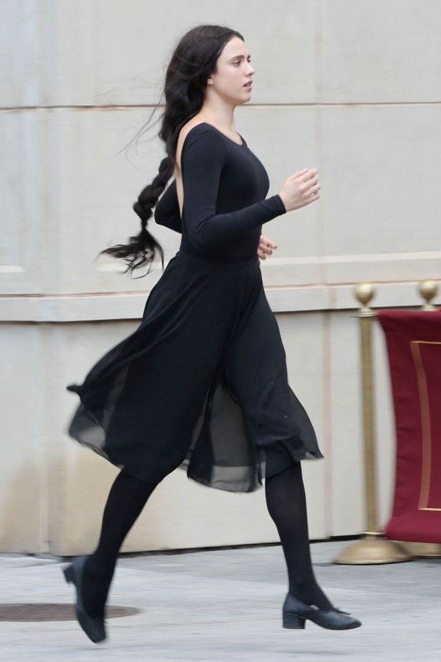 Margaret Qualley is seen on the set of