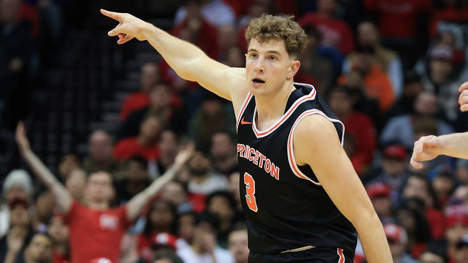 Princeton Tigers forward Caden Pierce (3) reacts after scoring a three-point basket.