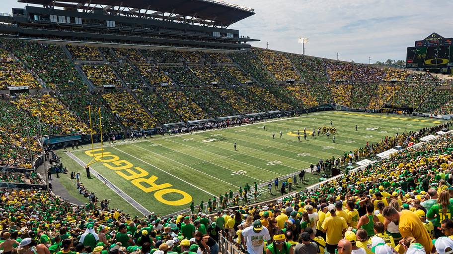 Oregon fans fill Autzen Stadium in a stripe pattern as the Oregon Ducks host the Montana State Bobcats on Aug. 30, 2025, at A