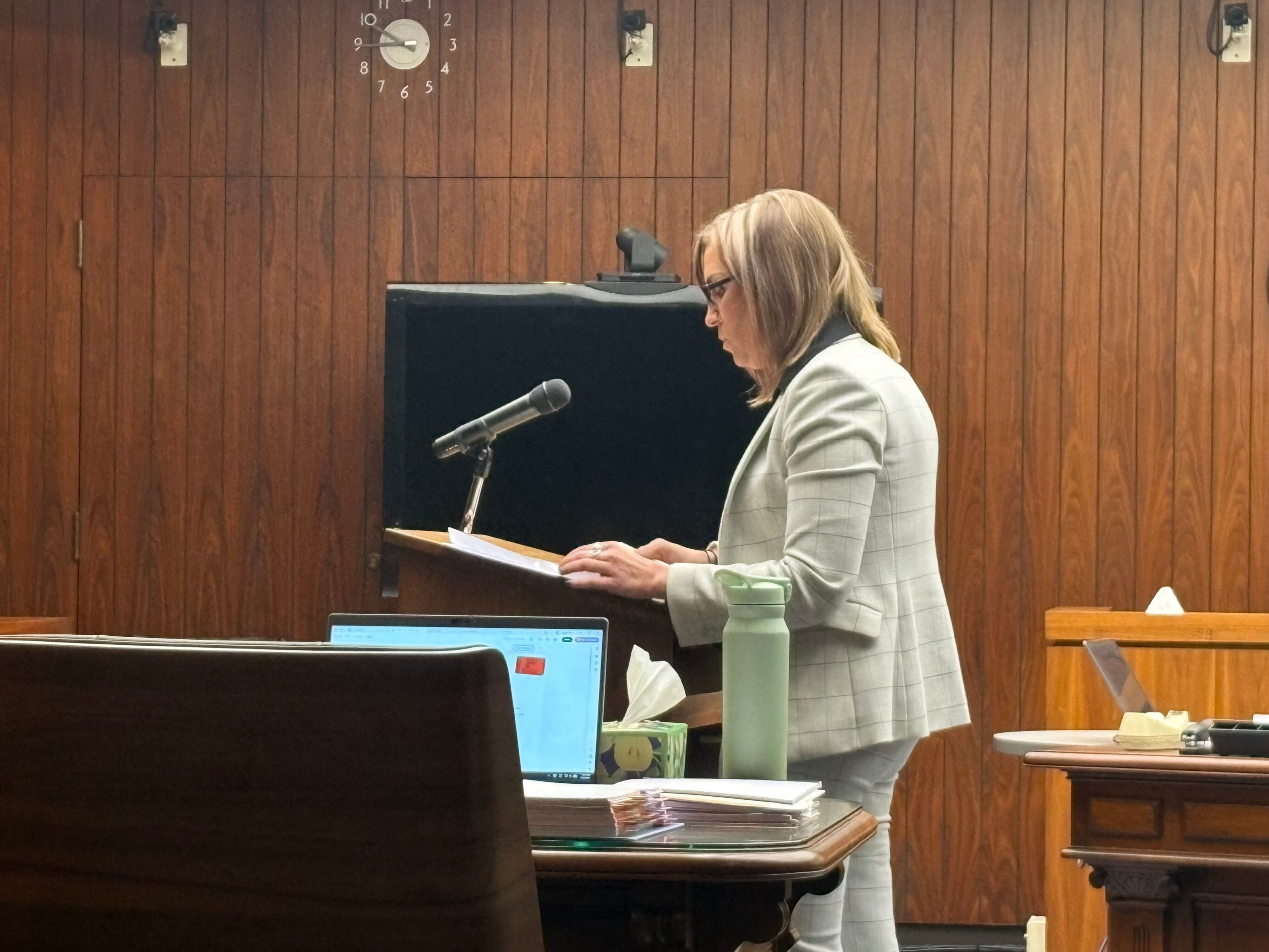 Saginaw County Assistant Prosecutor Melissa J. Hoover addresses jurors on the first day of testimony in the trial of Shavar S. Craft Jr., charged with murder, assault with intent to murder, and firearms offenses in Saginaw County Circuit Court on July 22, 2026. Craft is accused of shooting 25-year-old Da'Quan L. Mims 11 times, killing him, outside West Side Party Store on June 16, 2024.
