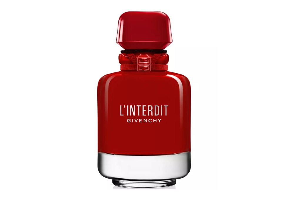 Red and silver Givenchy L'Interdit perfume bottle.