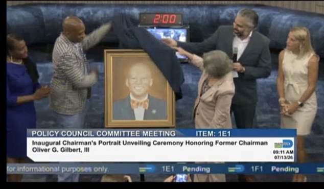 The painting which was used was unveiled to much pomp and ceremony by Mayor Daniella Levine Cava and several commissioners on July 13