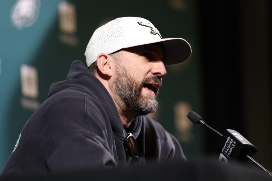 May 1, 2026; Philadelphia, PA, USA; Philadelphia Eagles head coach Nick Sirianni speaks with the media during rookie minicamp at NovaCare Complex. Mandatory Credit: Bill Streicher-Imagn Images