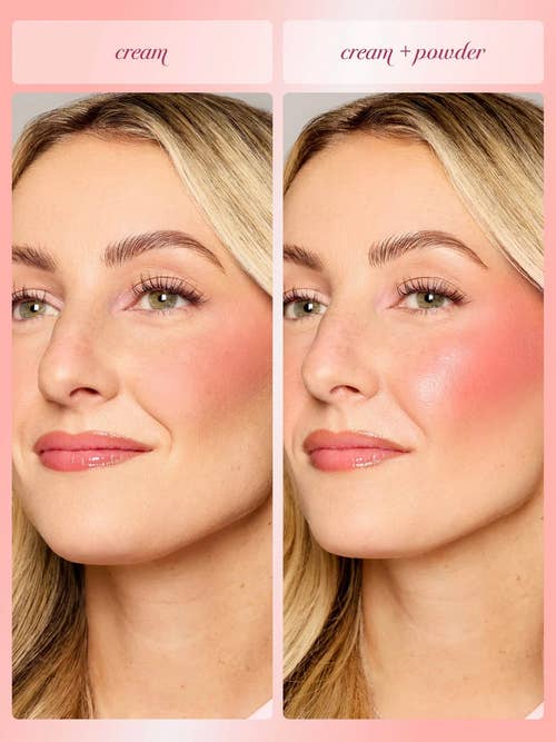 Side-by-side comparison of makeup on a person's face showing the difference between cream blush alone and combined with powder blush