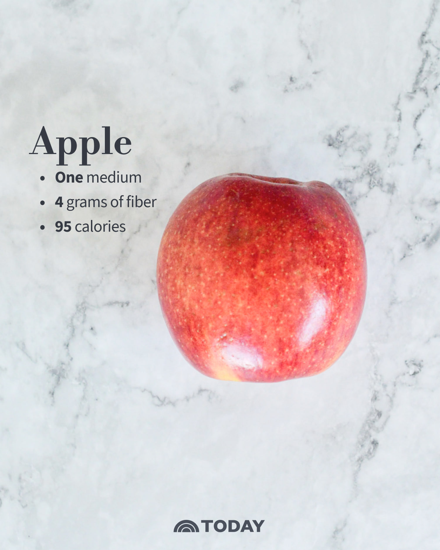 Apple One medium apple: 4 grams fiber, 95 calories