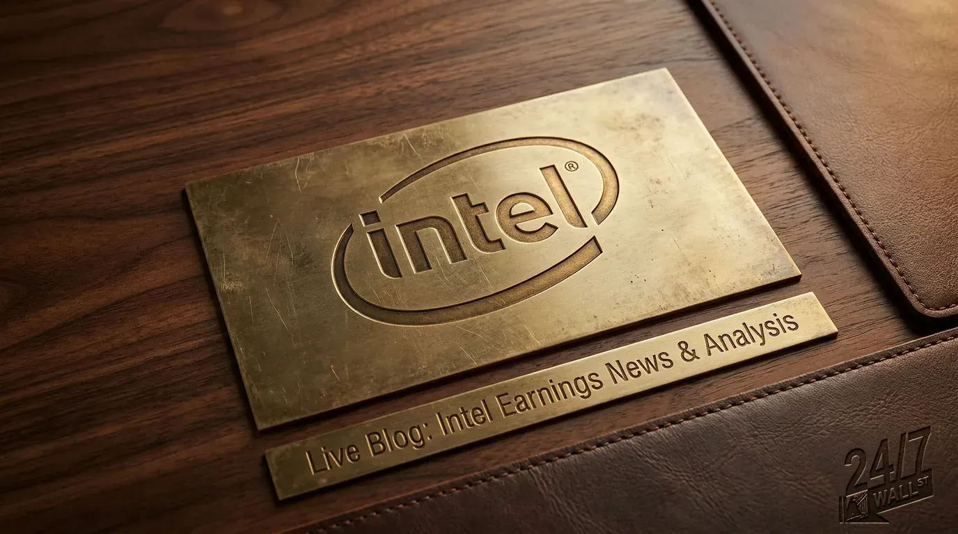 A close-up shot of an embossed brass plaque with the Intel logo, accompanied by a smaller brass plaque that reads 'Live Blog: Intel Earnings News & Analysis'. Both plaques rest on a dark brown wooden desk, with a brown leather portfolio embossed with '24/7 WALL ST' partially visible on the right.