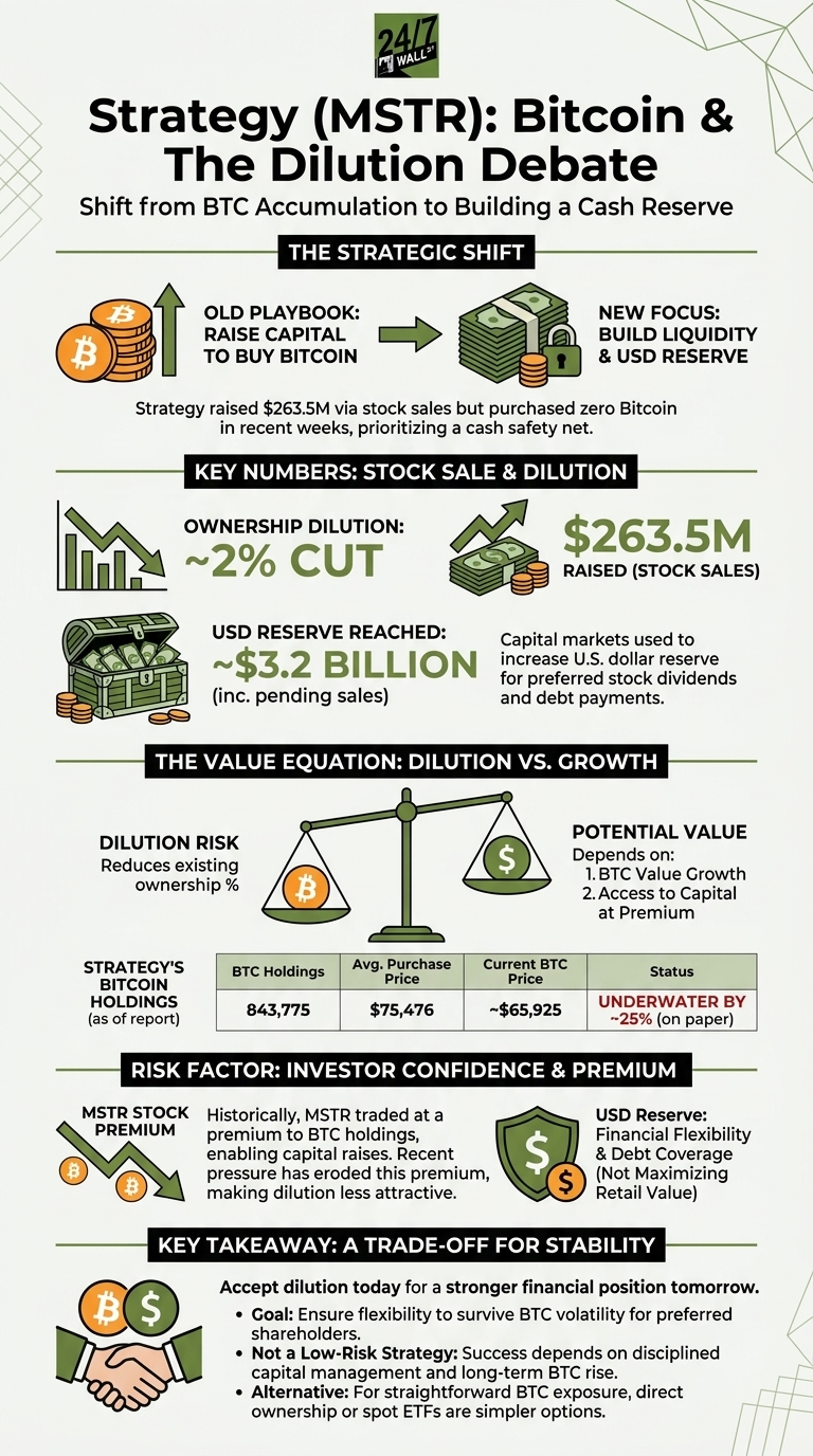 An infographic analyzing MicroStrategy's shift from buying Bitcoin to building cash reserves, featuring financial charts, icons of gold coins and dollar stacks, and a data table of crypto holdings.