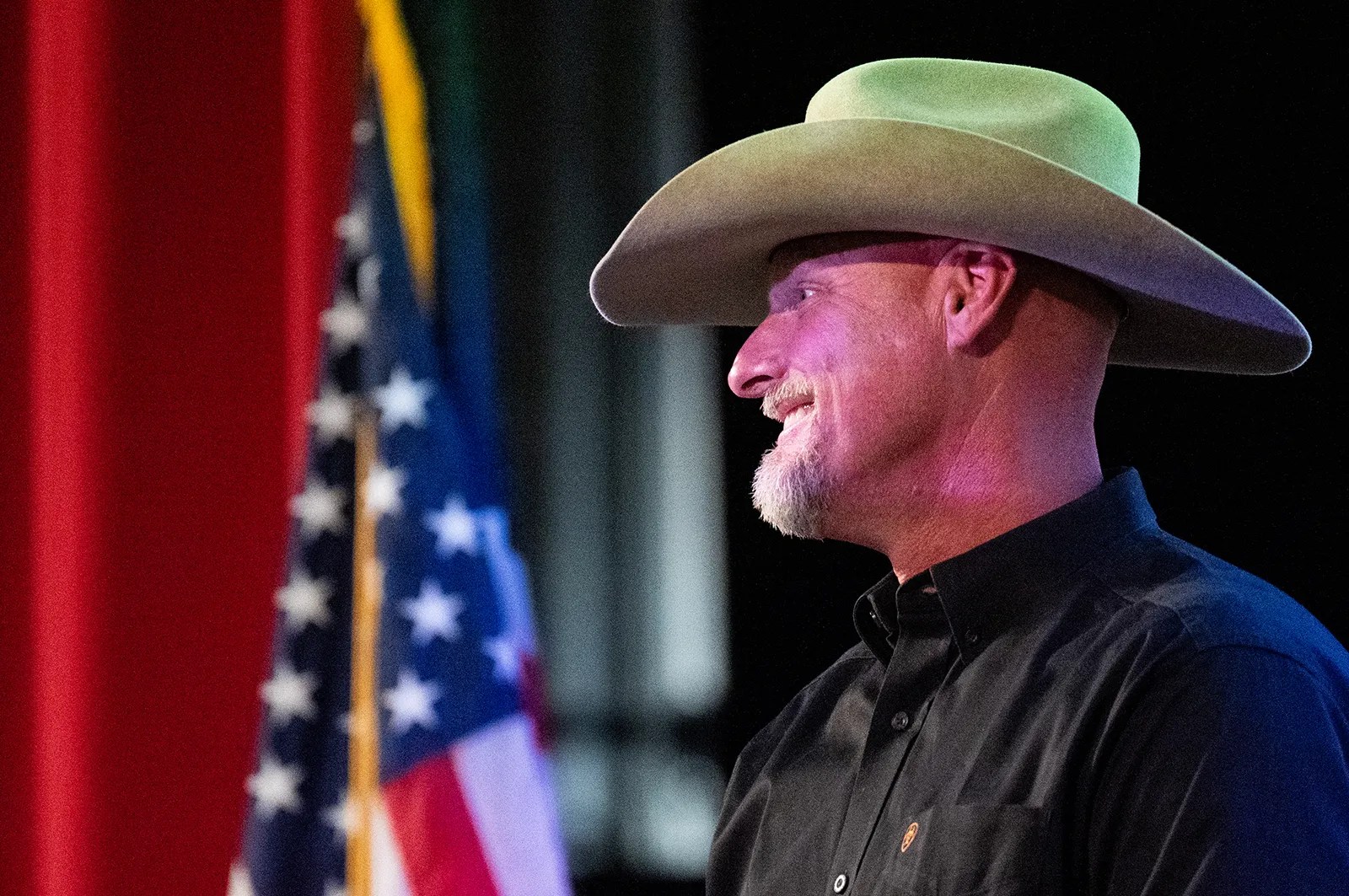 Pinal County Sheriff Mark Lamb speaks during a town hall event at the Combs Performing Art Center in San Tan Valley, Arizona, on July 7, 2022.