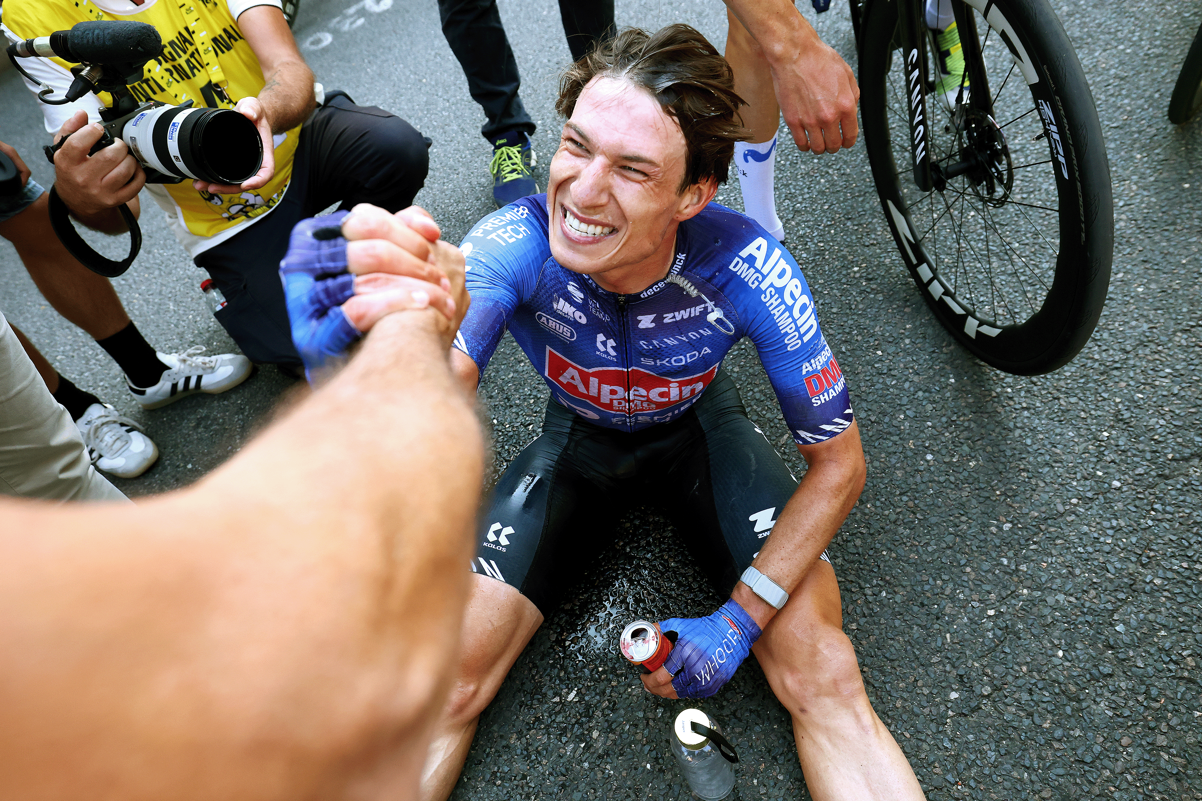 Stage winner Jasper Philipsen (Alpecin-Premier Tech) reacts after the finish