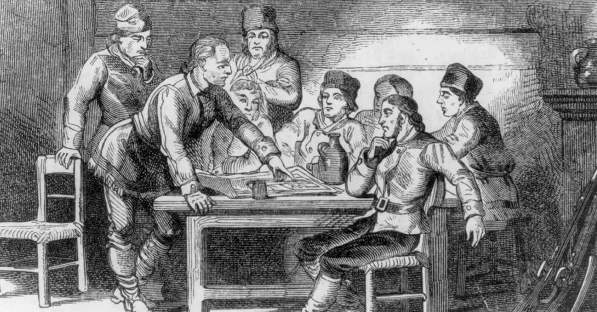 The most glaring inaccuracy in this 1858 woodcutting of Ethan Allen and the Green Mountain Boys is that there's only one jug and one cup on the table.