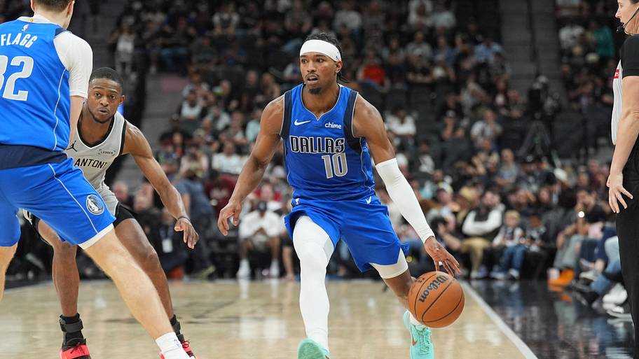 Feb 7, 2026; San Antonio, Texas, USA; Dallas Mavericks guard Brandon Williams (10) dribbles in the second half against the S