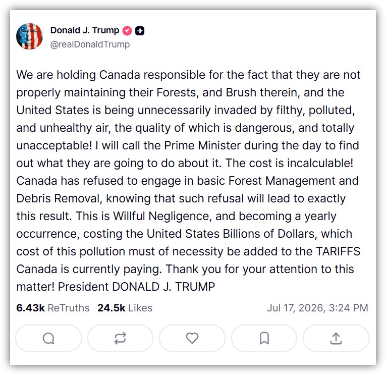 Fake Truth Social post circulates as Trump bemoans Canadian wildfire smoke