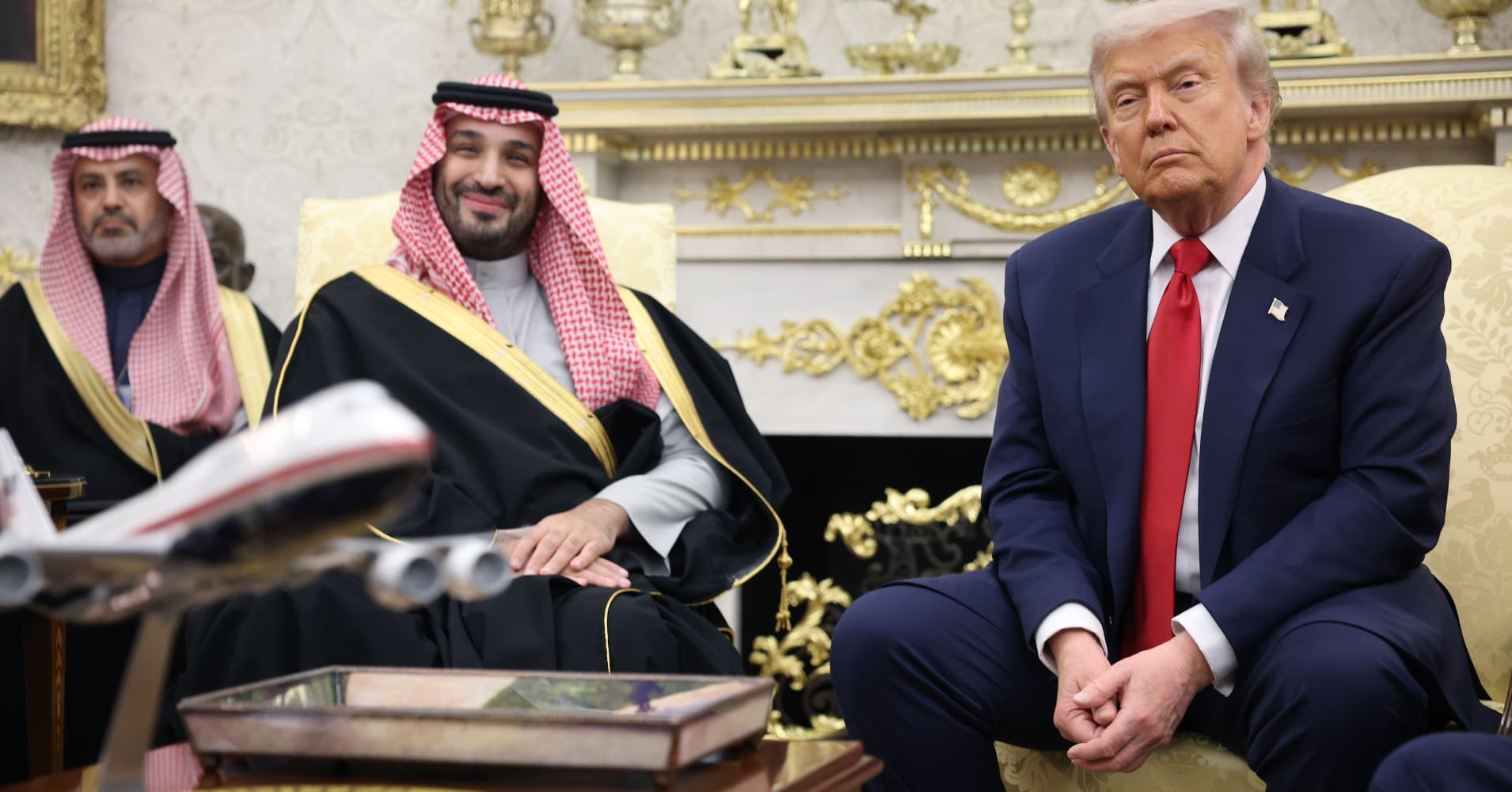U.S. President Donald Trump (R) meets with Crown Prince and Prime Minister Mohammed bin Salman of Saudi Arabia (2nd-L) in the Oval Office of the White House on Nov. 18, 2025 in Washington, DC.