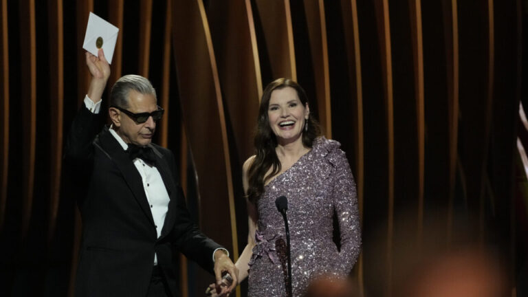 Feb 24, 2024; Los Angeles, CA, USA; Jeff Goldblum and Geena Davis present the award for outstanding performance by a cast in a