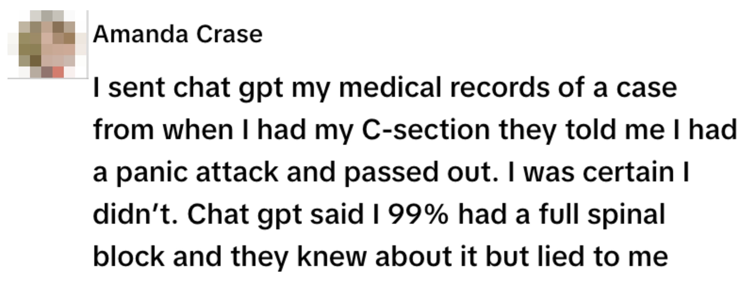 Amanda Crase discusses a discrepancy between her medical records and what chat GPT told her about a past C-section experience