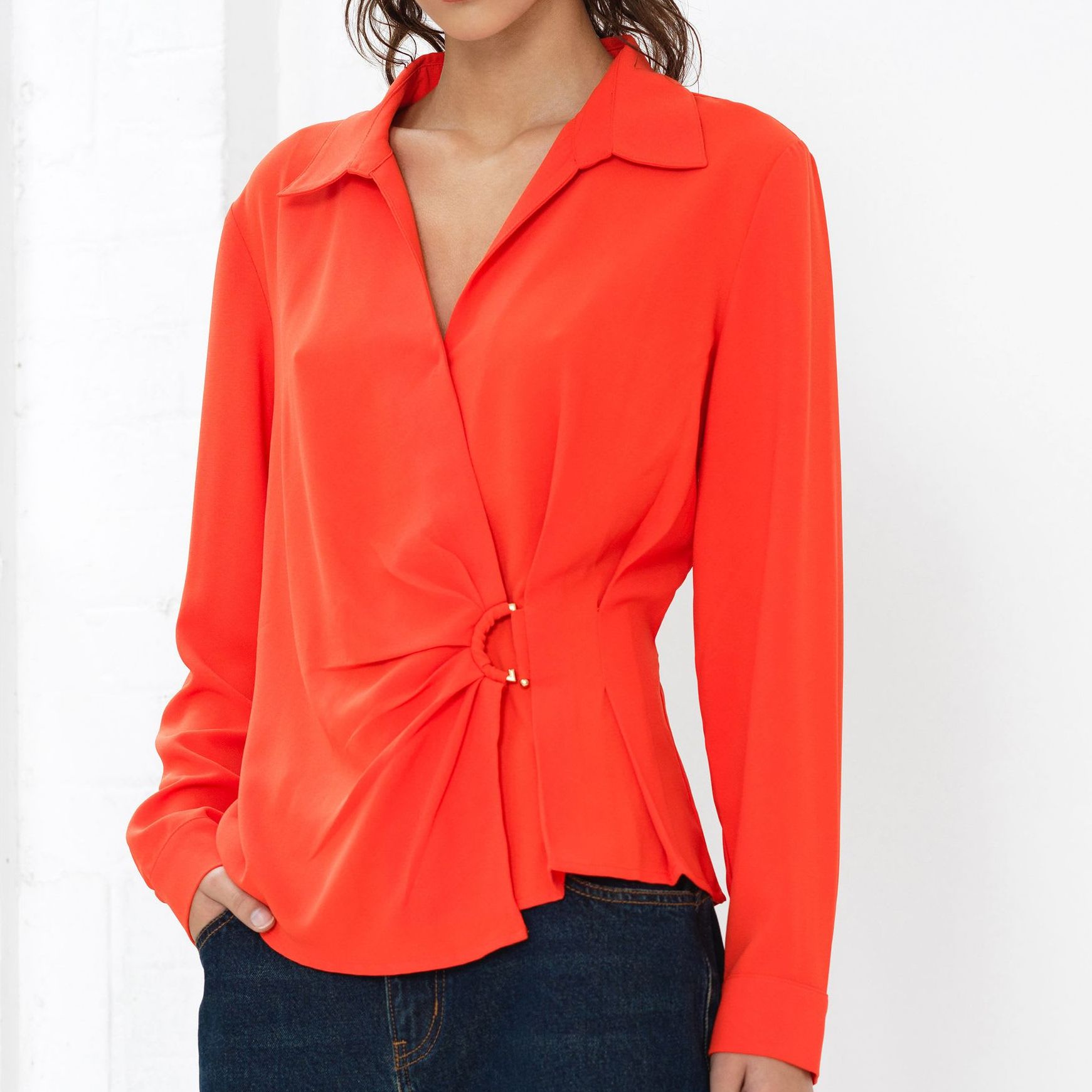 Collared Waisted Wrap Detail Blouse