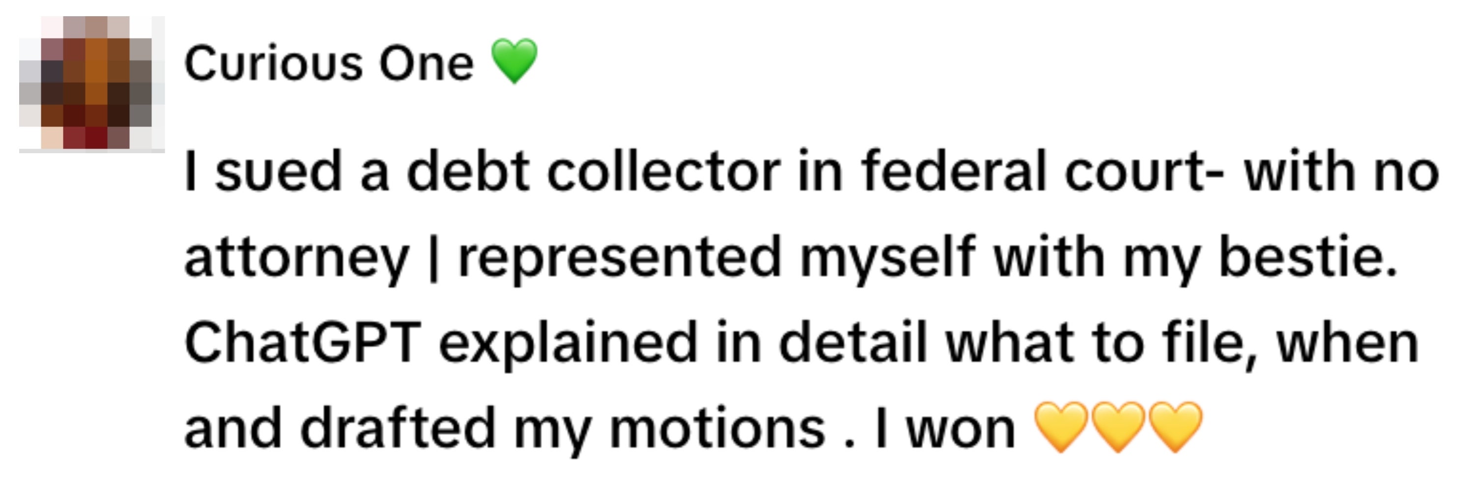 Text excerpt about someone suing a debt collector in federal court without an attorney, guided by ChatGPT for filing and motions, and winning
