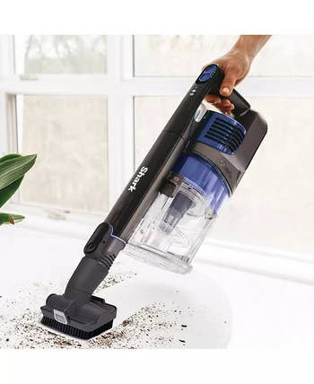 Handheld vacuum cleaner picking up dirt on a white surface near green leaves