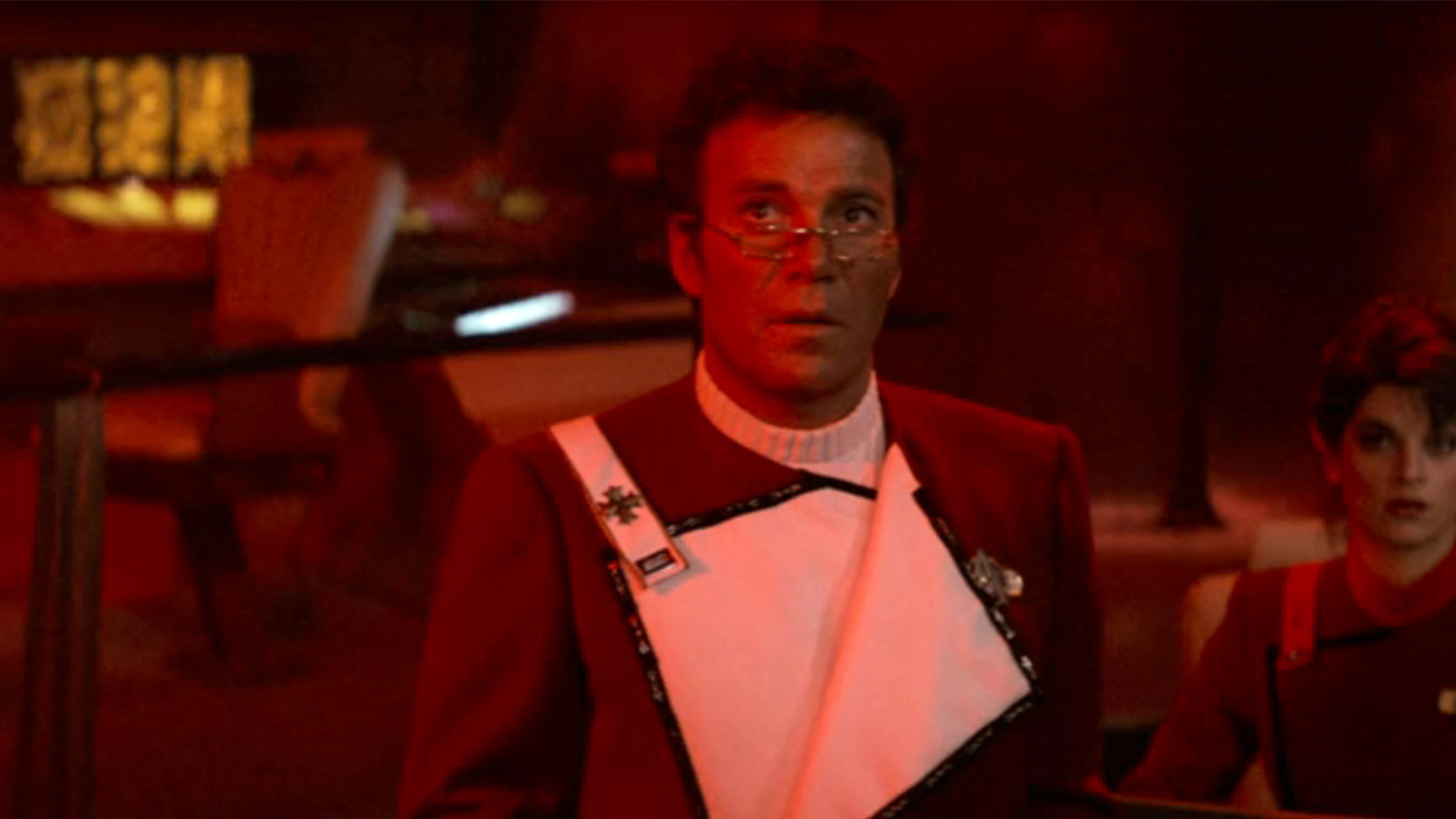 William Shatner bathed in red light in Star Trek II: The Wrath of Khan