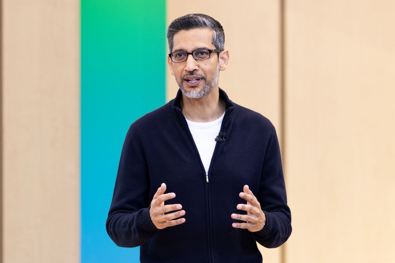 Google CEO Sundar Pichai speaks during a keynote address at Google I/O on May 19, 2026