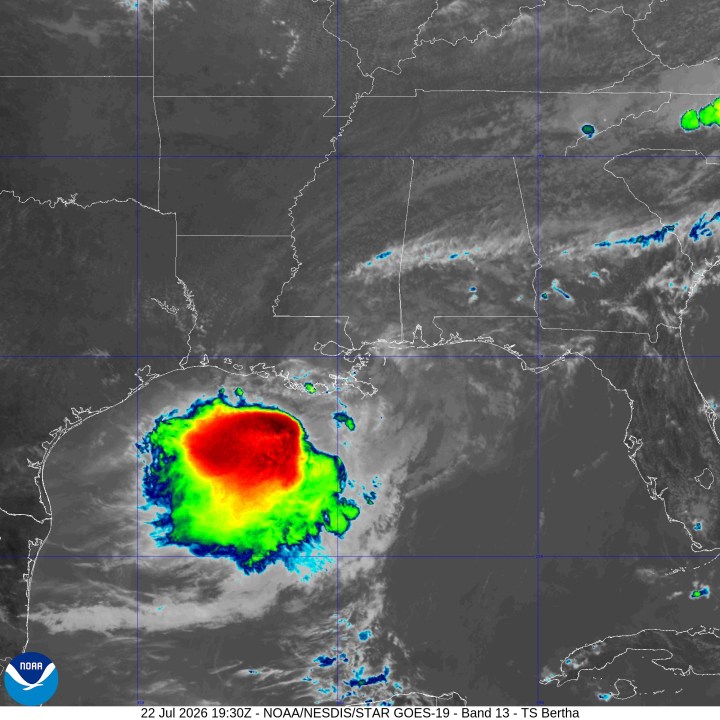 Infrared view of Tropical Storm Bertha making landfall in St. Bernard Parish, Louisiana, on July 22, 2026. (Courtesy NOAA)