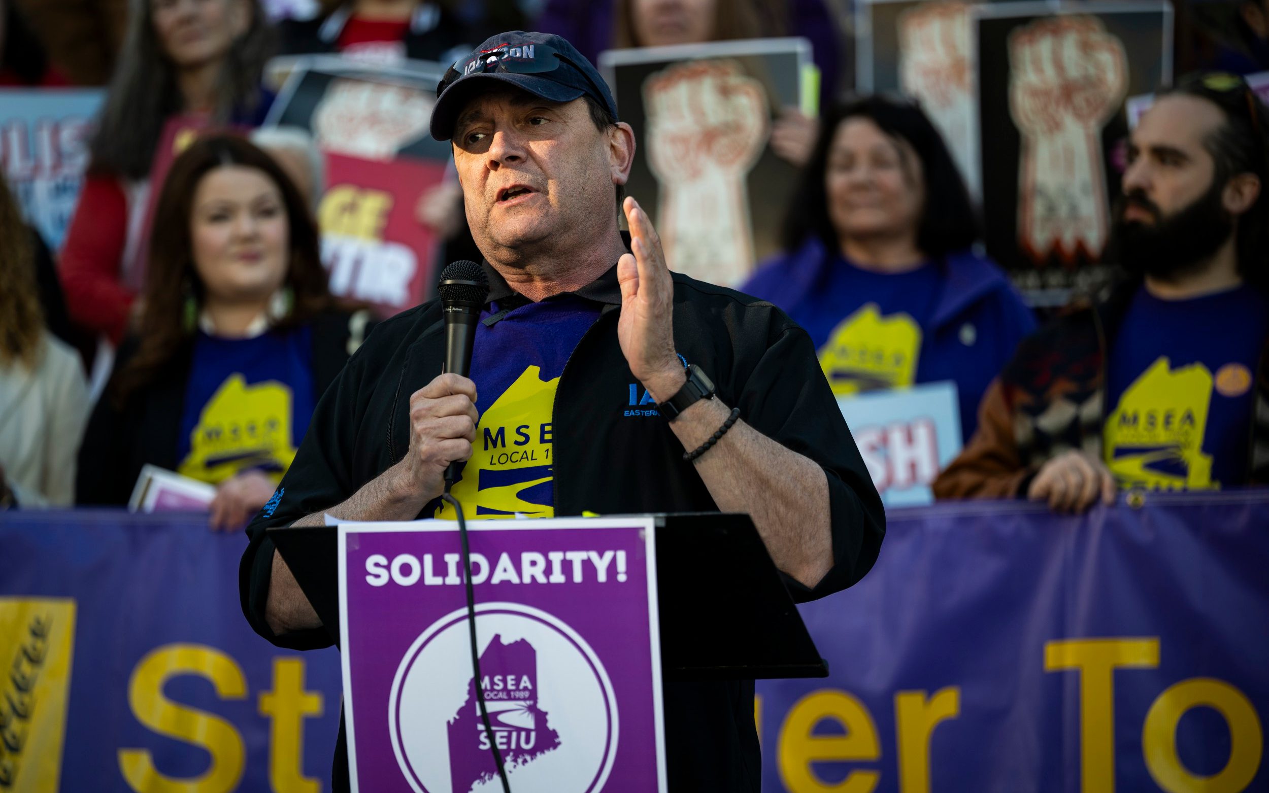 Troy Jackson speaks during a May Day rally organised by local unions