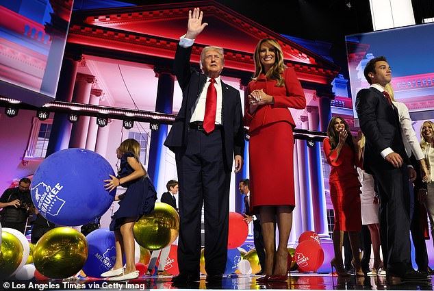 President Donald Trump with wife, Melania, on stage after accepting nomination the final day of the Republican National Convention at Fiserv Forum in 2024