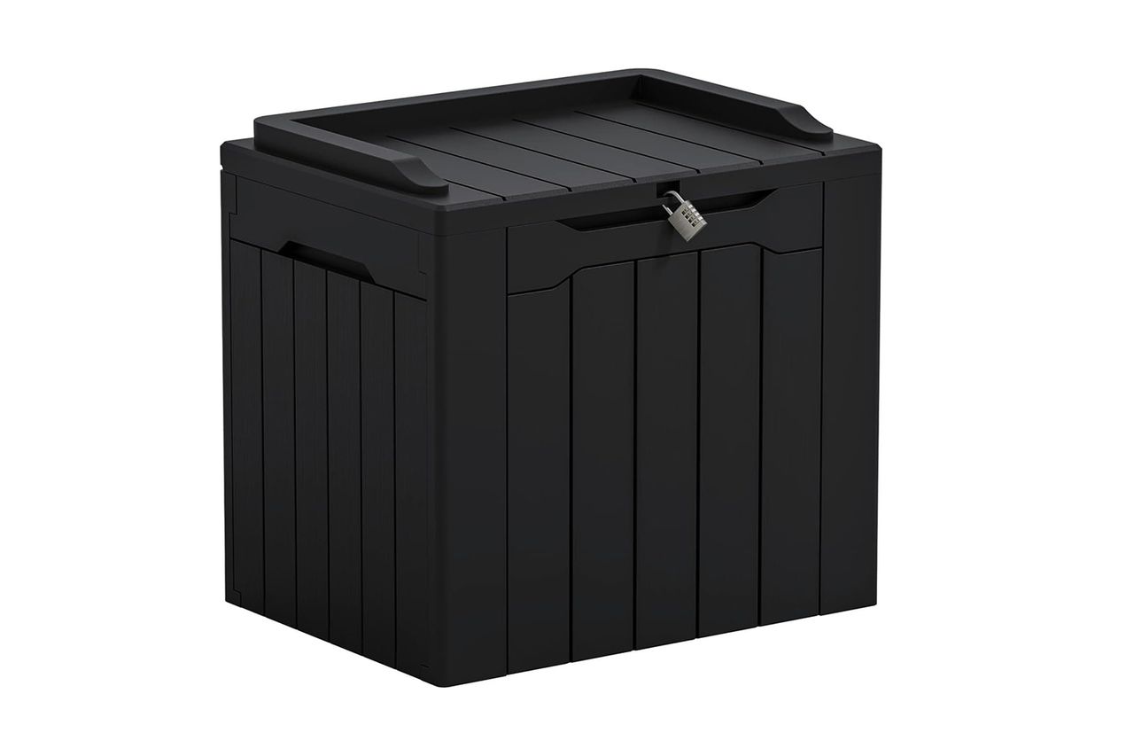 Outdoor storage box with a 31gallon capacity and a lid secured with a lock designed for patio furniture storage