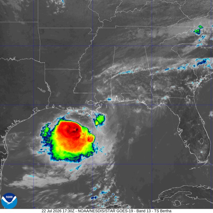 Infrared view of Tropical Storm Bertha on July 22, 2026. (Courtesy NOAA)