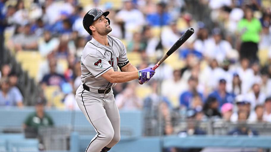 Jul 12, 2026; Los Angeles, California, USA; Arizona Diamondbacks center fielder Ryan Waldschmidt (15) watches his sacrifice f