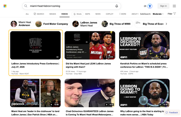 This is a screenshot of a Bing search result for videos revealing one link to the Miami Heat YouTube channel with the title