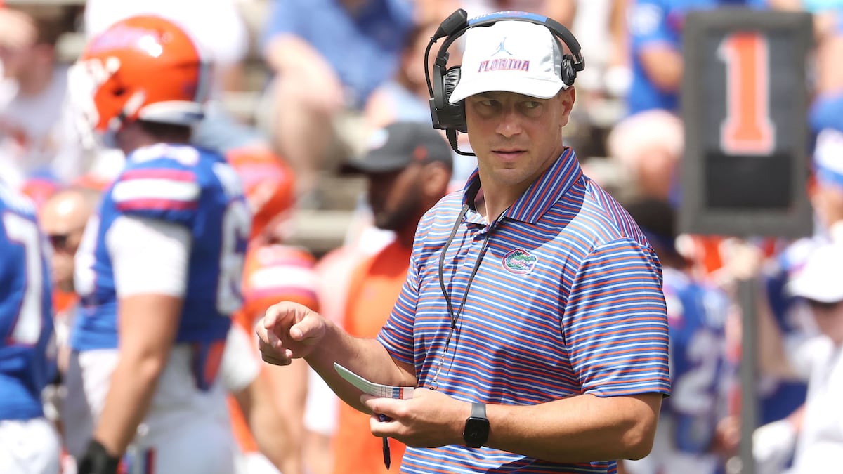 New Florida head coach Jon Sumrall monitors the action during the Orange & Blue Game in April. “I’m just trying to inject an attitude that we’re gonna attack every day with enthusiasm,