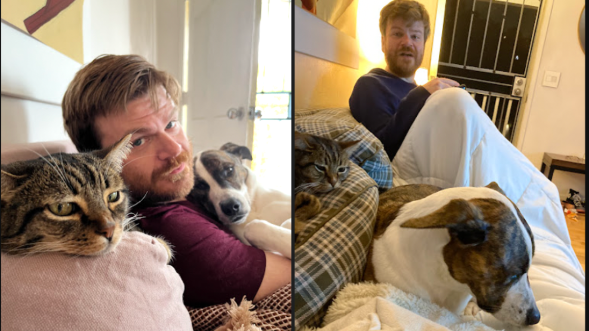 A screenshot of two photos of my husband with our pets