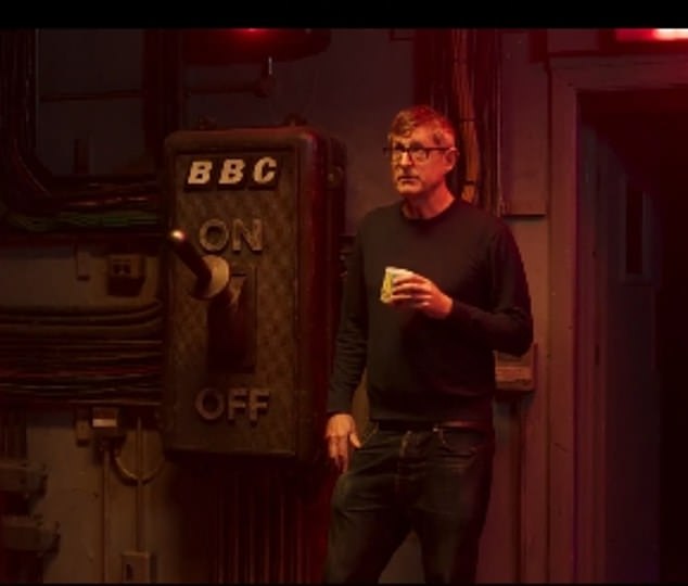 Louis Theroux appears beside a giant on-off power switch and warns: 'None of this exists if we don't want it to'