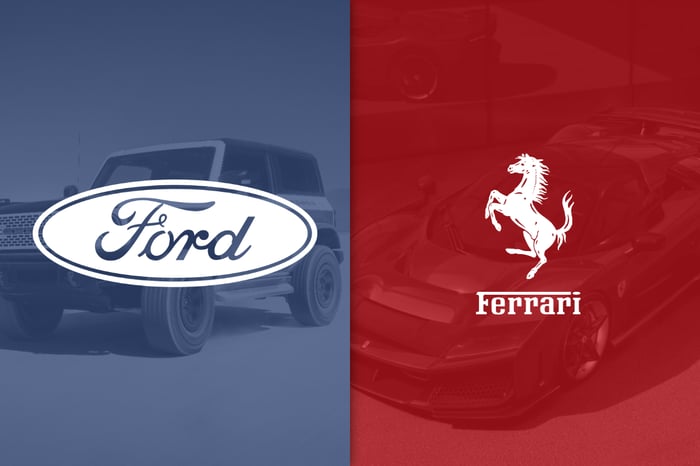 The Ford logo is on the left on a blue filter, and the Ferrari logo is on the right on a red filter.