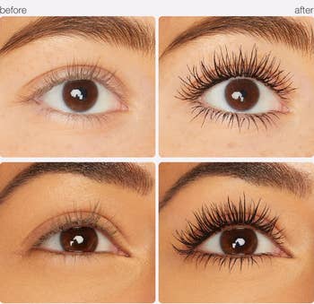 Before and after images of two different people's eyes, showcasing the effects of Tarte Lights, Camera, Lashes mascara
