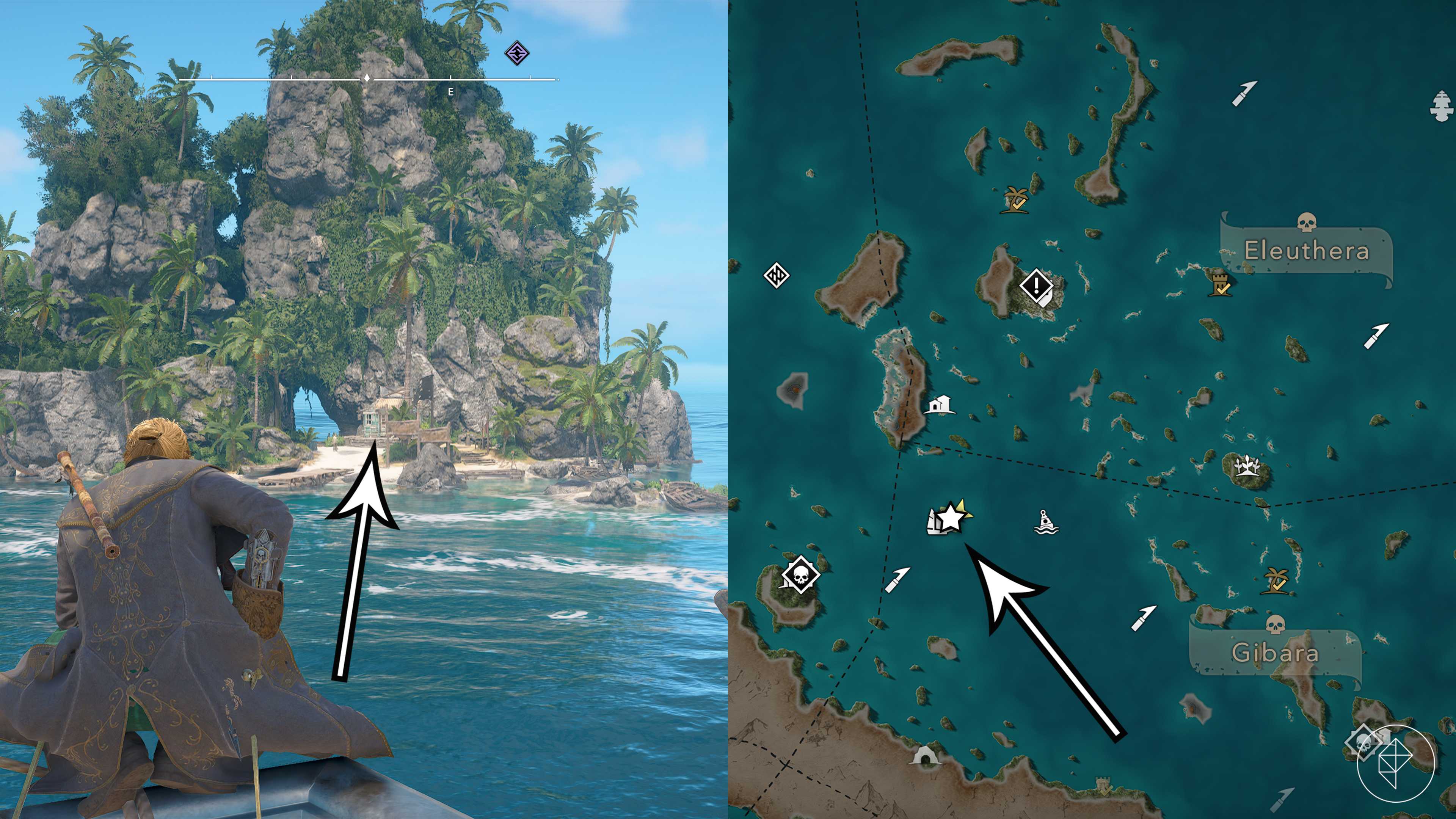 The location of the shop that sells the skeleton crew attire in Assassin's Creed Black Flag Resynced.