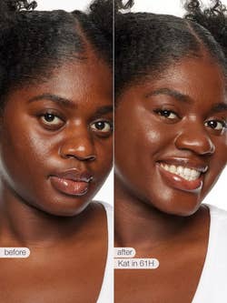 Before and after comparison of a person wearing Tarte Shape Tape concealer in shade 61H